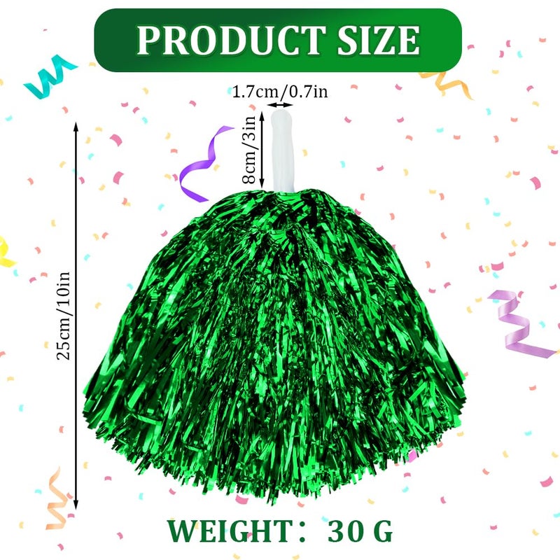 CUGBO 24Pcs Cheerleading Pom Poms, 1 Dozen Handle Metallic Foil Flower Ribbons Cheerleader Pompoms, Kids Children Ball Dance Sports Coaches Game Party Fancy (Green) - Image 2